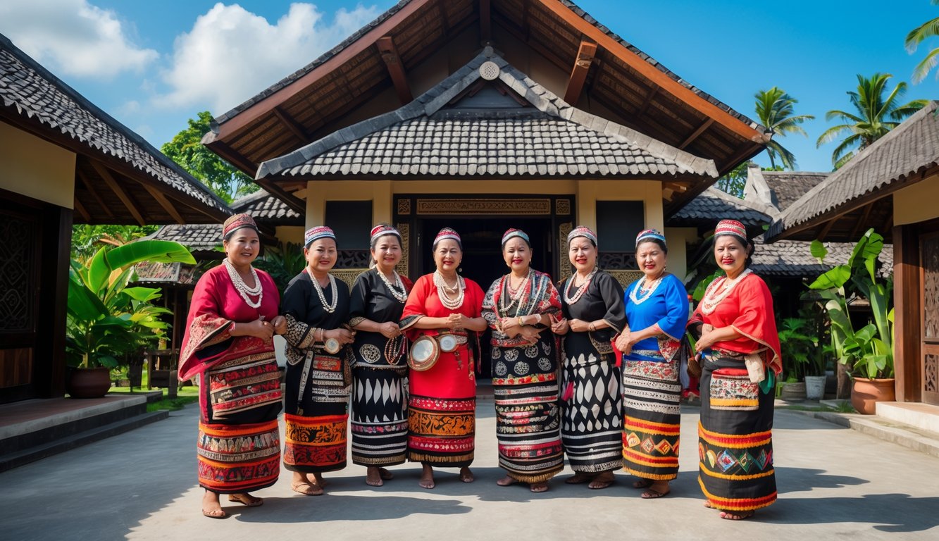 Sekelompok orang Suku Batak Toba mengenakan pakaian tradisional berdiri di depan rumah adat dengan atap runcing dan hiasan kayu, dikelilingi oleh pepohonan hijau.