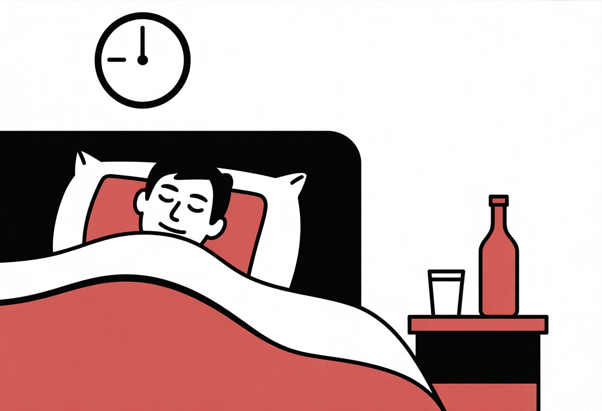 A person sleeping peacefully in bed at night with a glass of water and a bottle on a bedside table.
