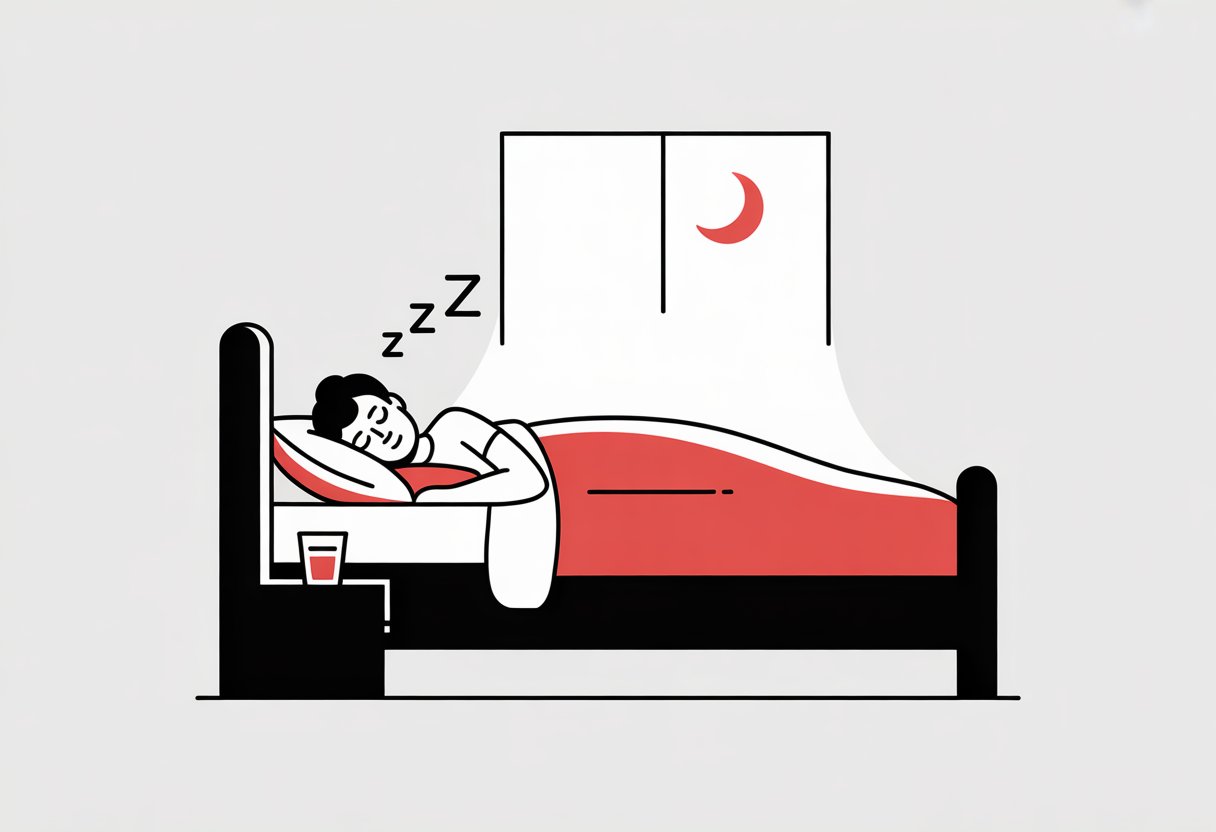 A person sleeping peacefully in a bedroom with a crescent moon visible through a window and a glass of water on a bedside table.