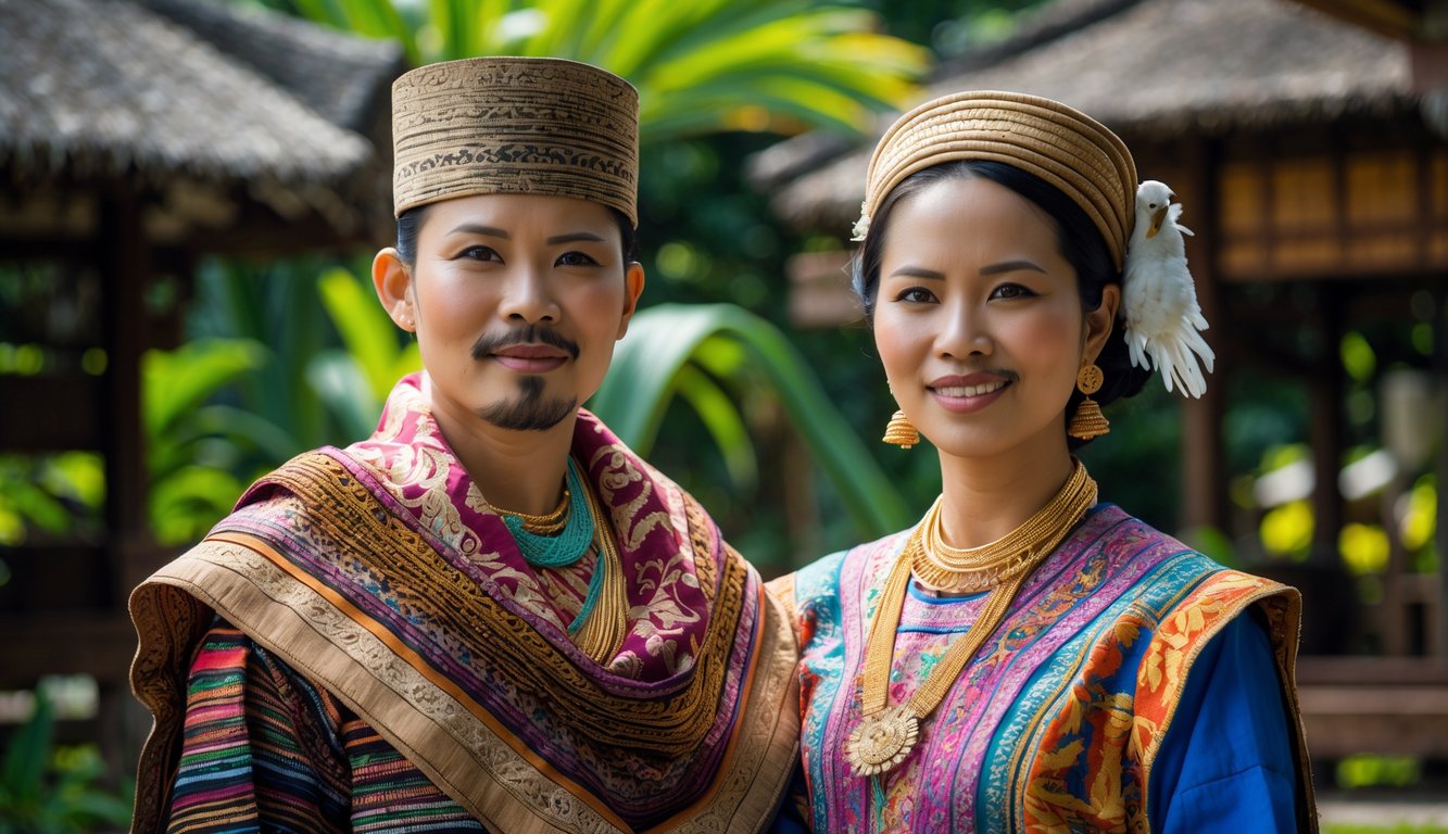 Seorang pria dan wanita Suku Batak Mandailing mengenakan pakaian tradisional berdiri di luar ruangan dengan latar belakang pepohonan hijau dan bangunan kayu tradisional.