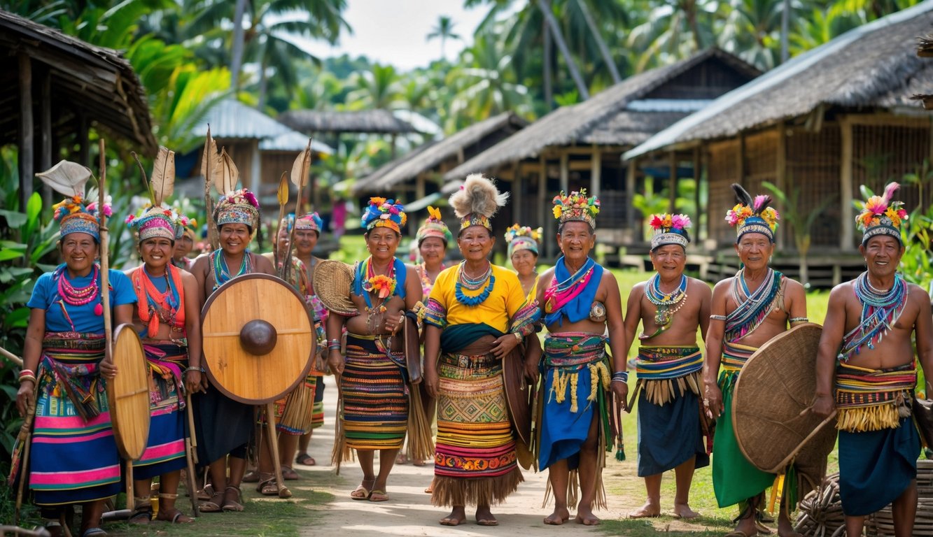 Sekelompok orang Suku Nias mengenakan pakaian tradisional berwarna cerah di sebuah desa tropis dengan rumah adat di latar belakang.