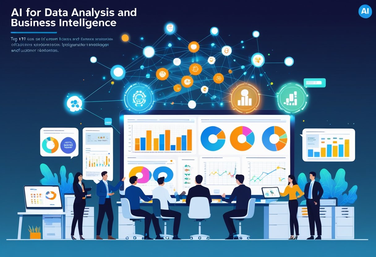 A group of business professionals collaborating around a digital dashboard with charts and holographic AI interfaces in a modern office setting.
