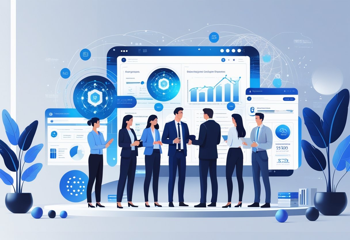 Business professionals interacting with futuristic AI technology interfaces displaying data and personalized customer profiles in a modern office setting.