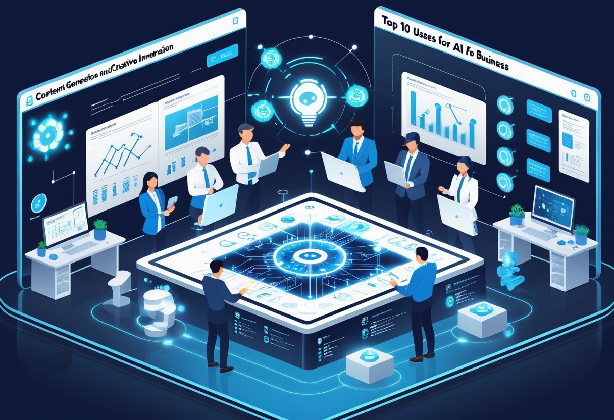 A group of business professionals collaborating around a digital touchscreen table with holographic AI tools and data visualizations in a modern office setting.