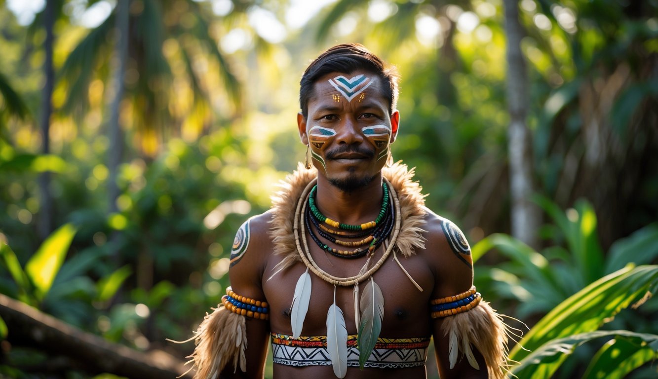Seorang pria Suku Papua berdiri di hutan tropis dengan pakaian tradisional dan cat tubuh.