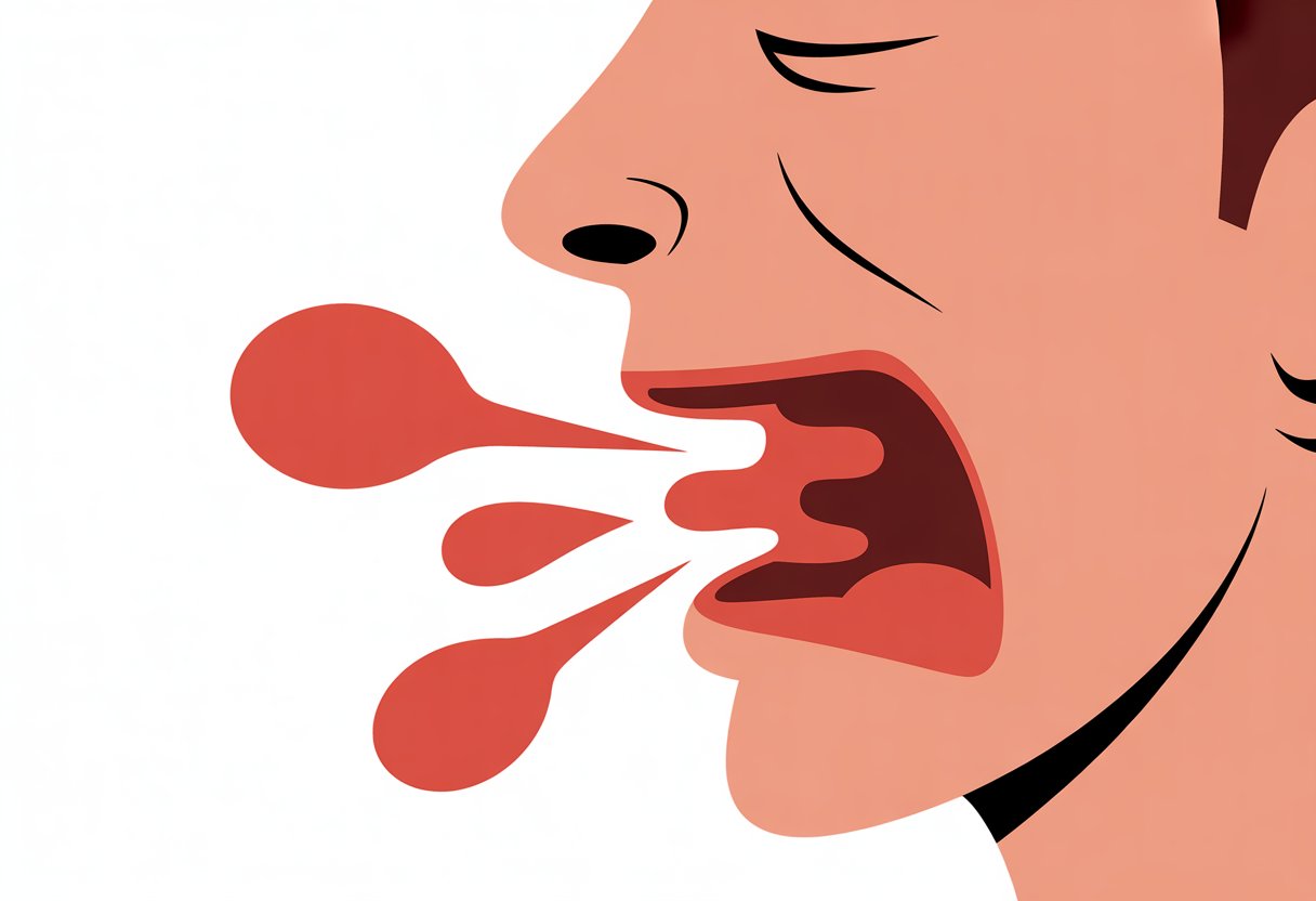 Side profile of a person sleeping with an open mouth, showing narrowed airway passages inside the throat.
