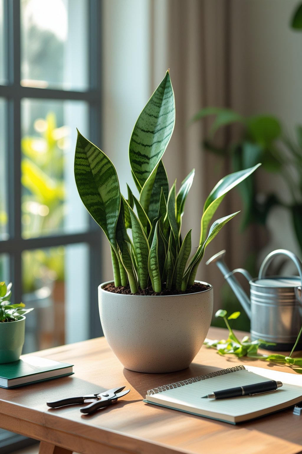 A healthy snake plant with several small new pups growing at its base, placed on a wooden table near a sunlit window with gardening tools nearby.