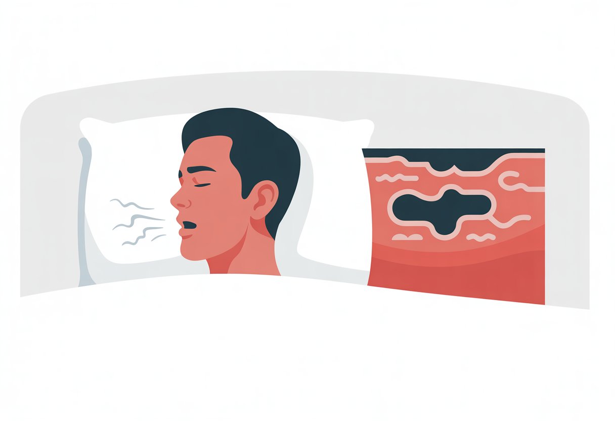 A person sleeping in bed with their mouth slightly open and subtle lines indicating snoring, alongside abstract shapes representing an obstructed airway.