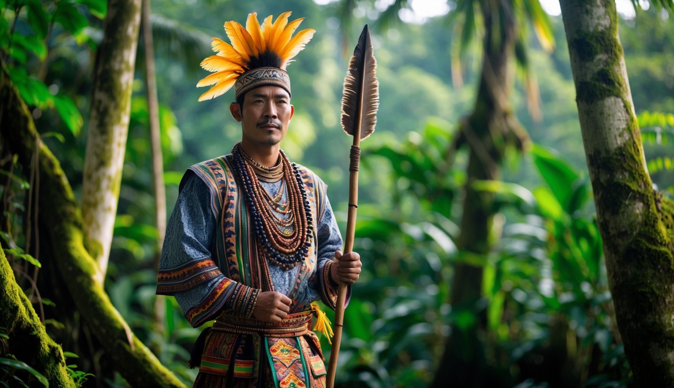 Seorang pria Suku Dayak mengenakan pakaian tradisional berdiri di tengah hutan tropis yang rimbun.