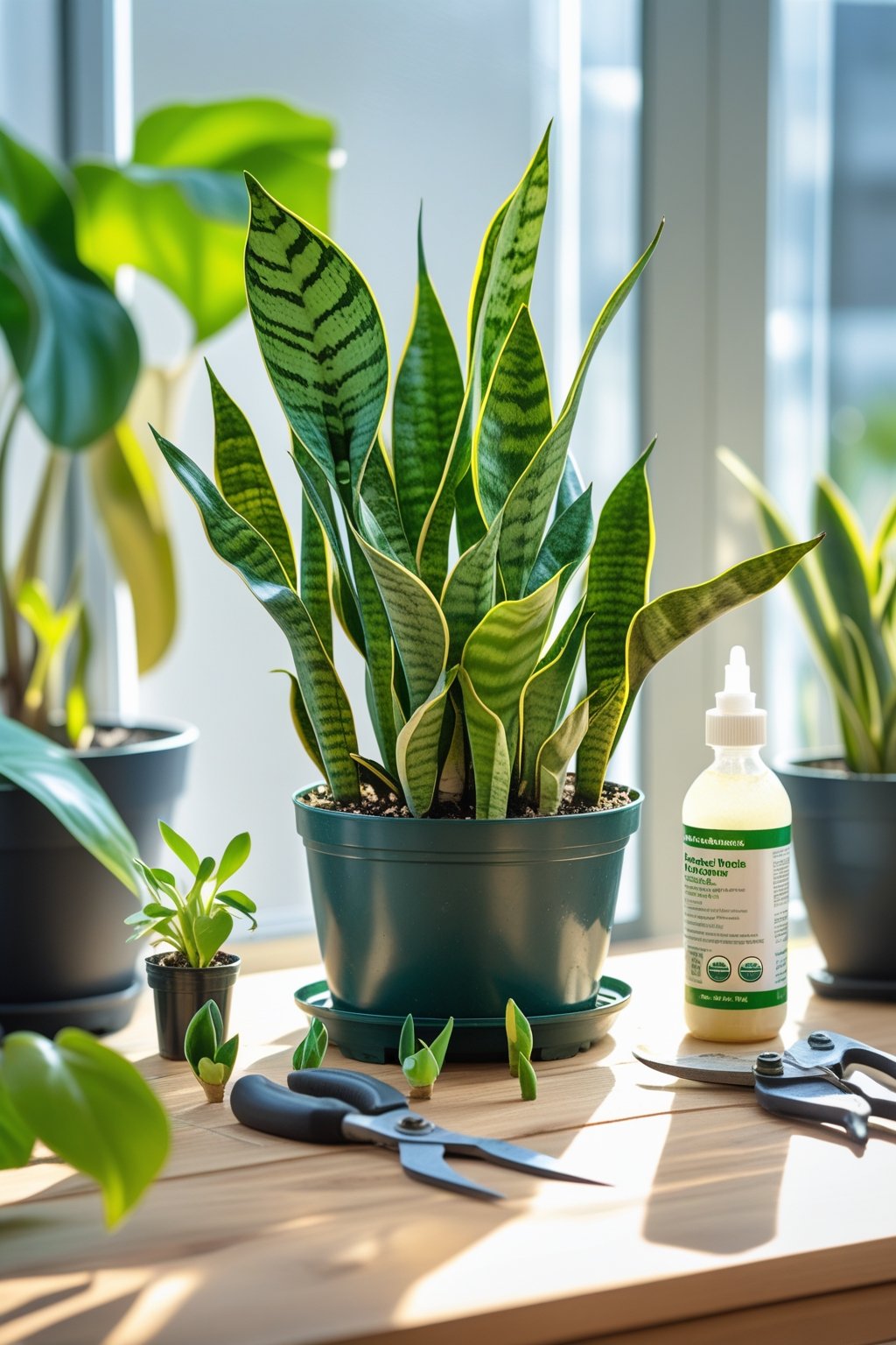 A healthy snake plant with small pups growing at its base on a wooden table near a sunny window, surrounded by gardening tools and fertilizer.