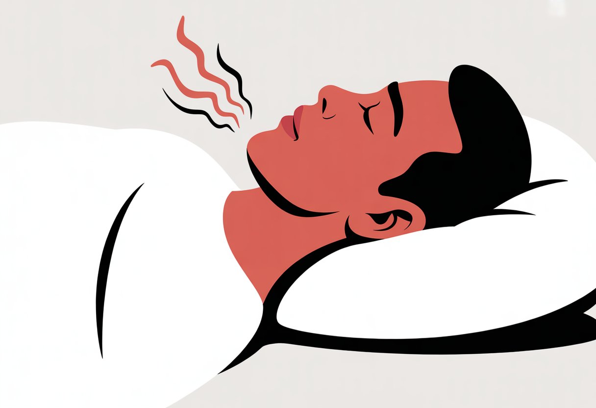 Side profile of a person sleeping with a red symbol near their throat representing snoring causes.