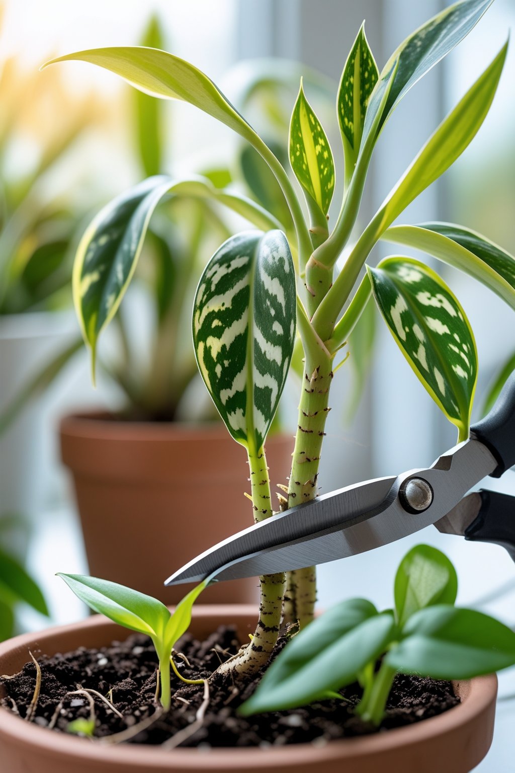 Close-up of a snake plant with small offshoots being carefully cut for propagation next to a pot with fresh soil.