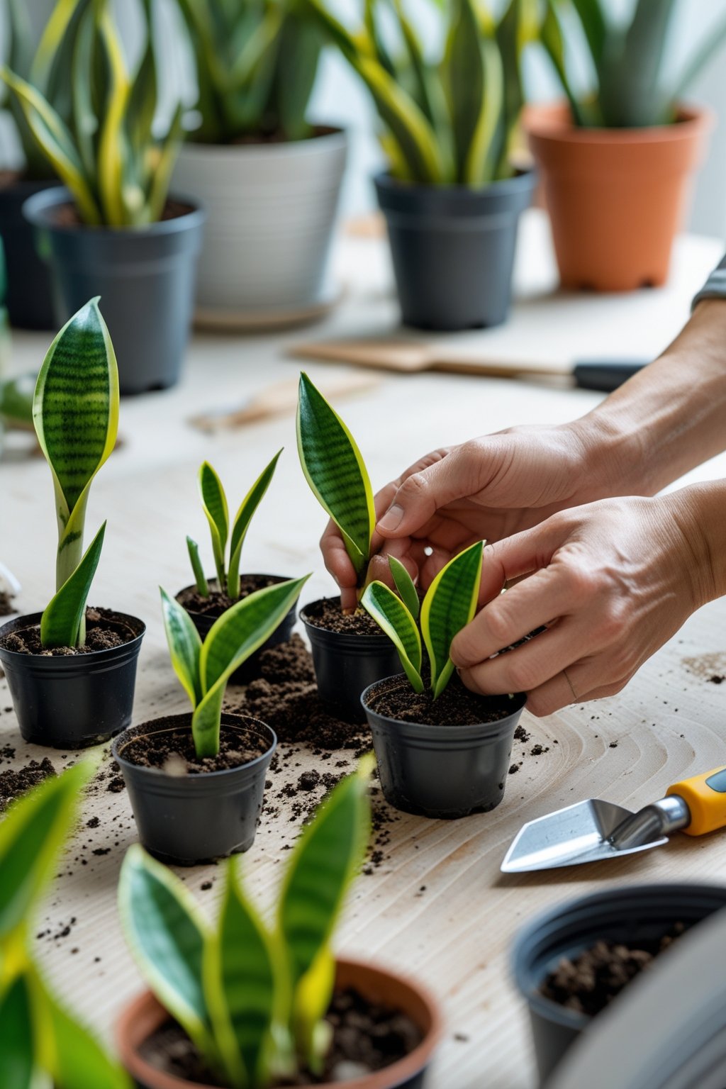 Hands transplanting young snake plant pups into small pots on a wooden table with gardening tools nearby.