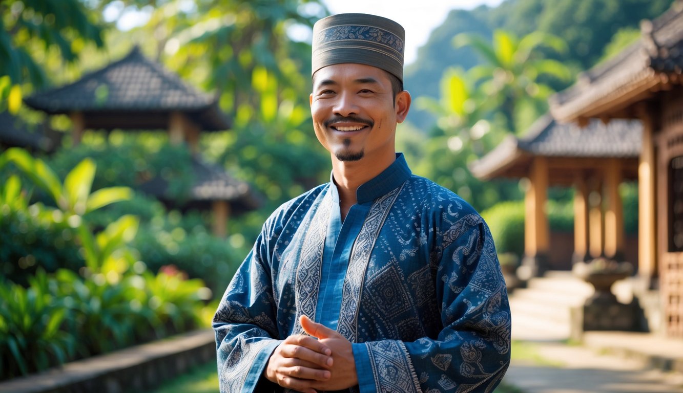 Seorang pria Jawa mengenakan pakaian tradisional berdiri di luar ruangan dengan latar belakang alam dan bangunan khas Jawa.