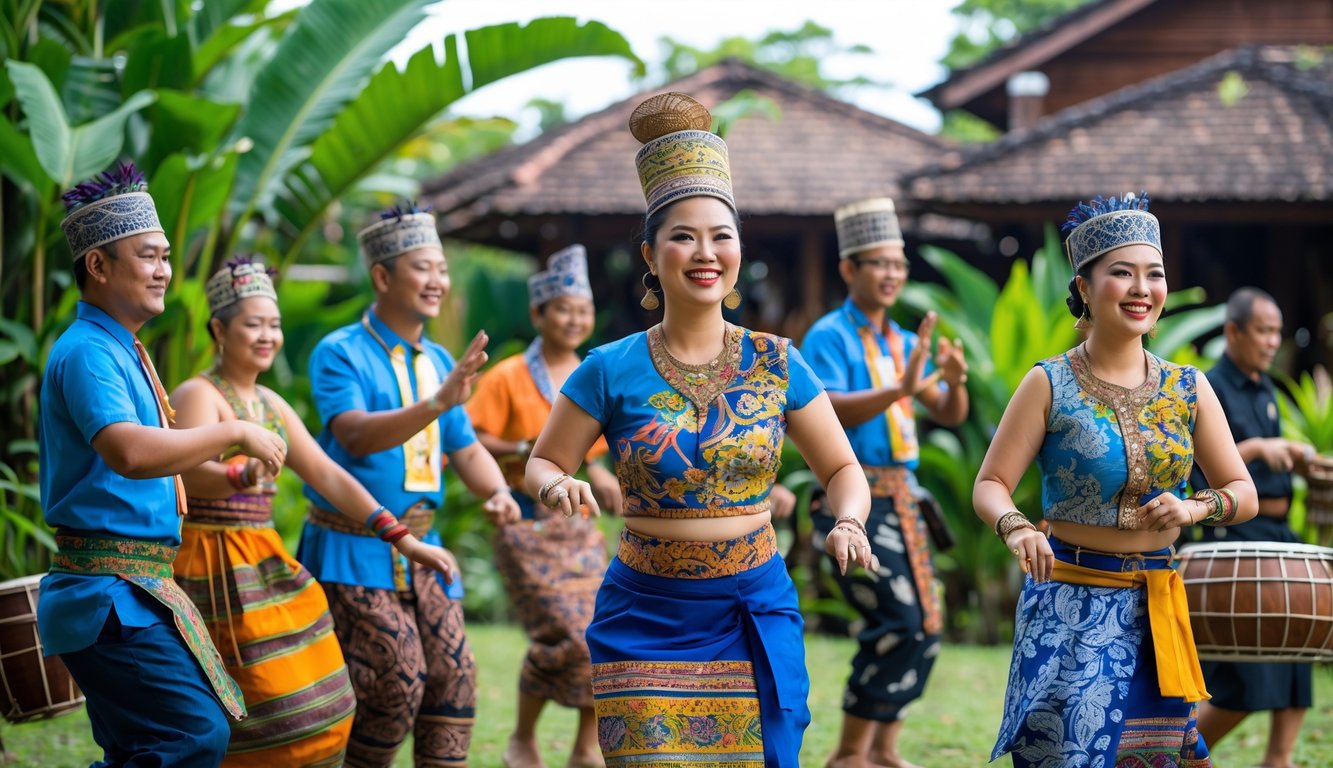Sekelompok orang Suku Sunda mengenakan pakaian tradisional sedang melakukan tarian dan bermain alat musik di luar ruangan dengan latar belakang rumah kayu dan tanaman tropis.