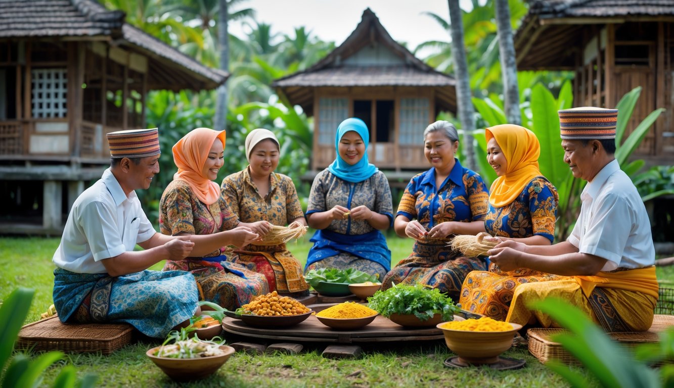 Sekelompok orang Suku Bugis mengenakan pakaian tradisional sedang beraktivitas di luar ruangan dengan latar belakang rumah adat dan pepohonan hijau.