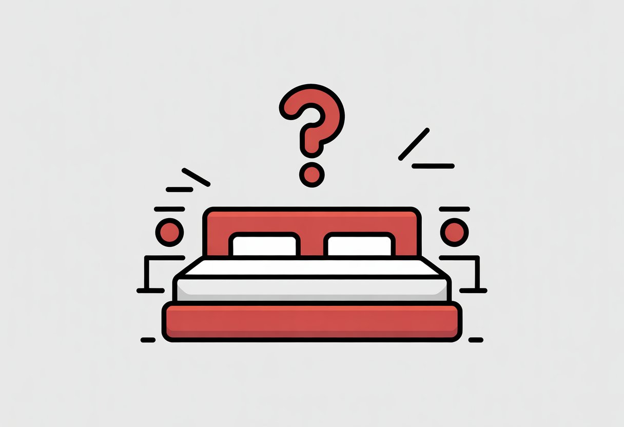 A simple bedroom scene showing a bed frame with a mattress placed directly on it, and a question mark symbol above the bed.