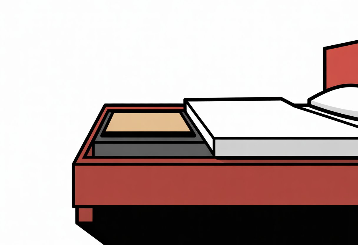 A simple illustration of a bed with a visible box spring beneath the mattress in a clean bedroom setting.