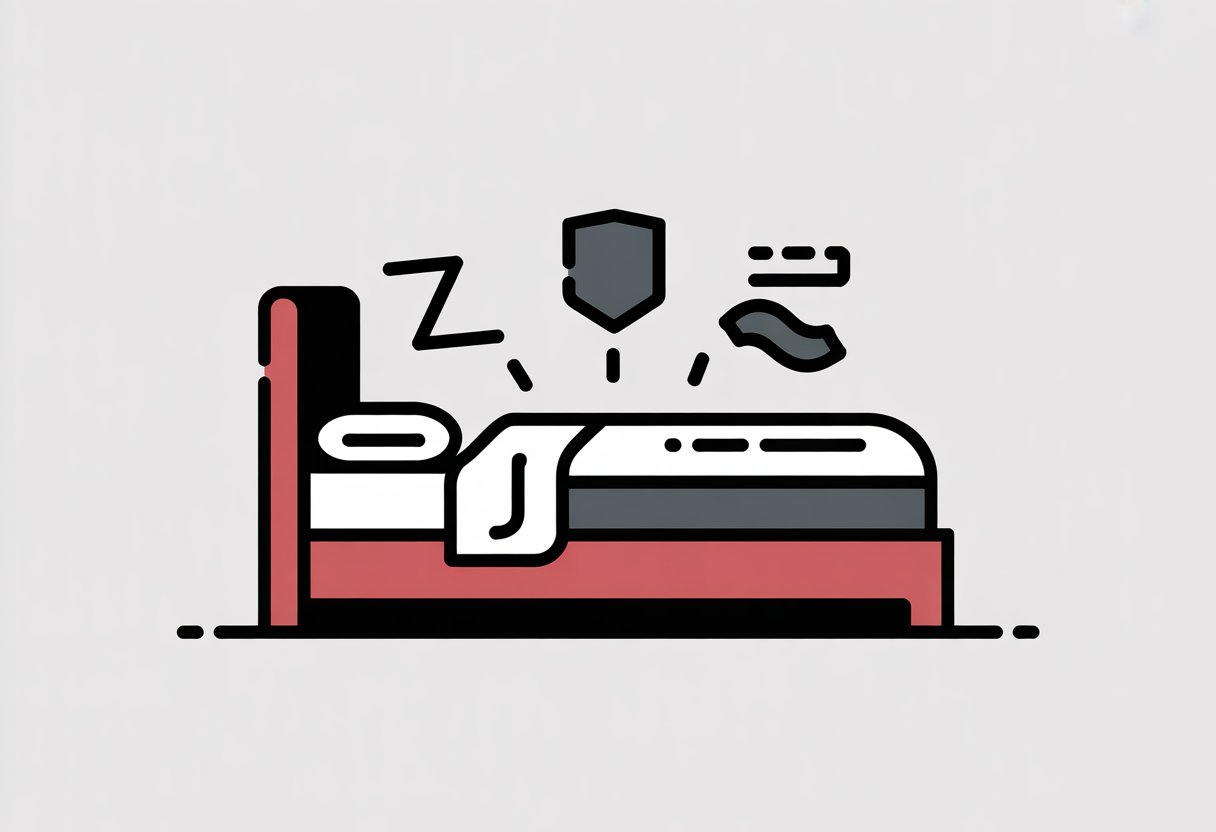A simple bedroom scene showing a bed on a box spring with icons above representing support, durability, and comfort.