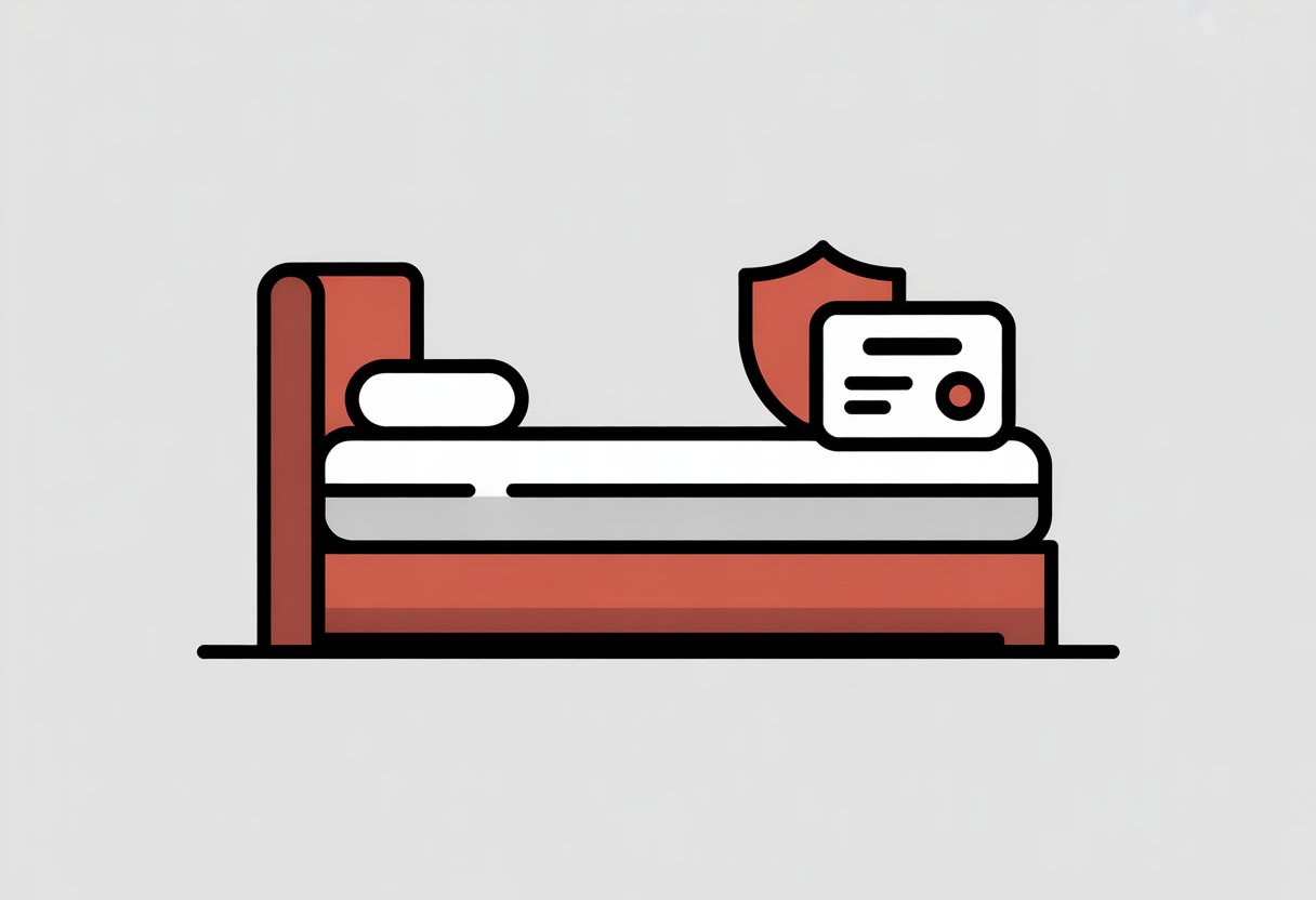 A simple illustration showing a mattress resting on a box spring with a shield icon nearby representing warranty protection.