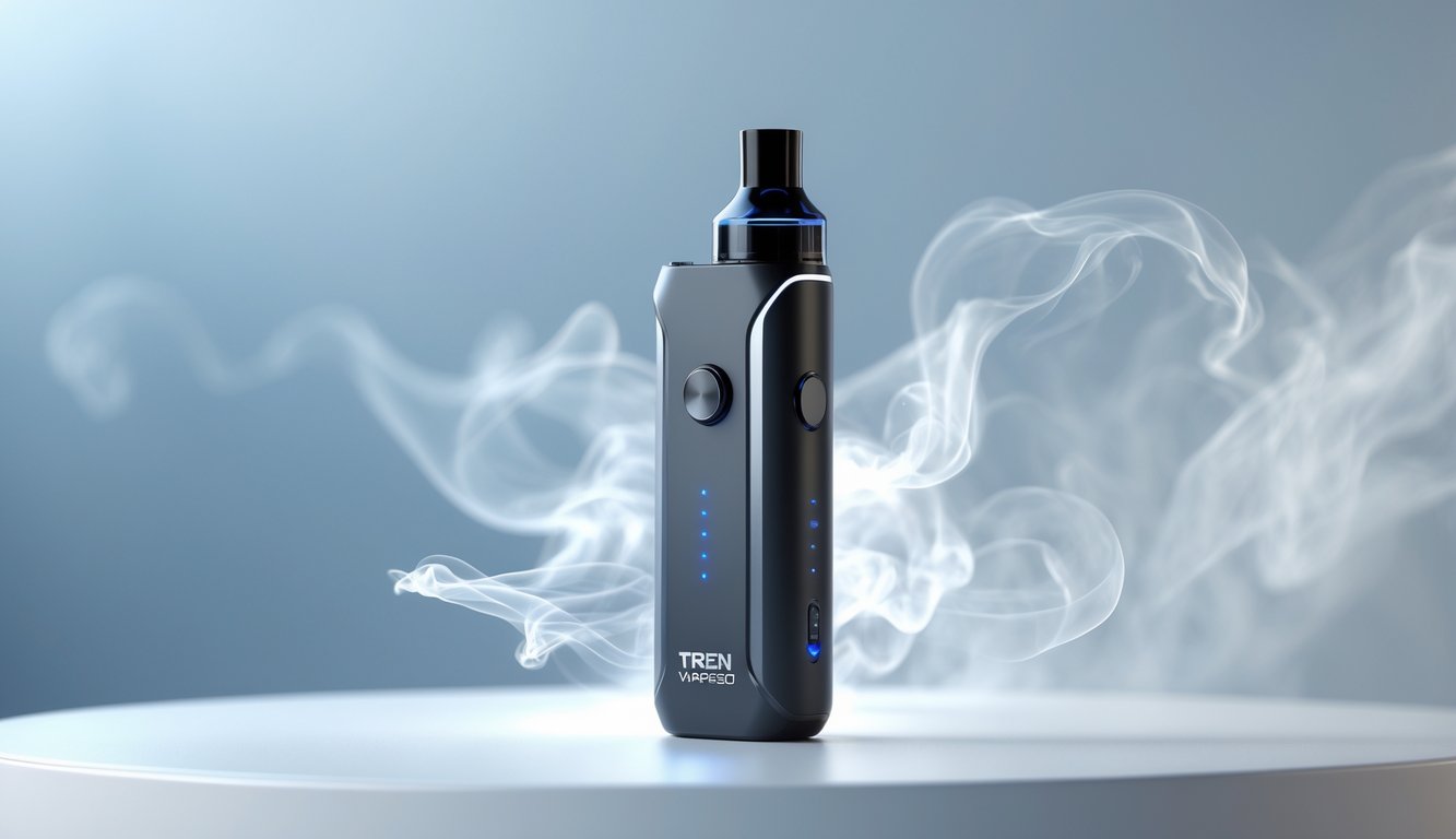 Sebuah perangkat vape modern dengan desain futuristik diletakkan di atas permukaan putih dengan uap halus yang naik di sekitarnya.