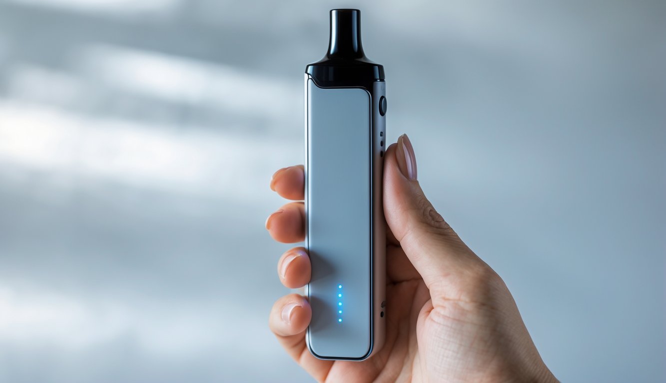 Sebuah perangkat vape modern berwarna metalik dipegang oleh tangan dengan latar belakang polos berwarna putih dan abu-abu.