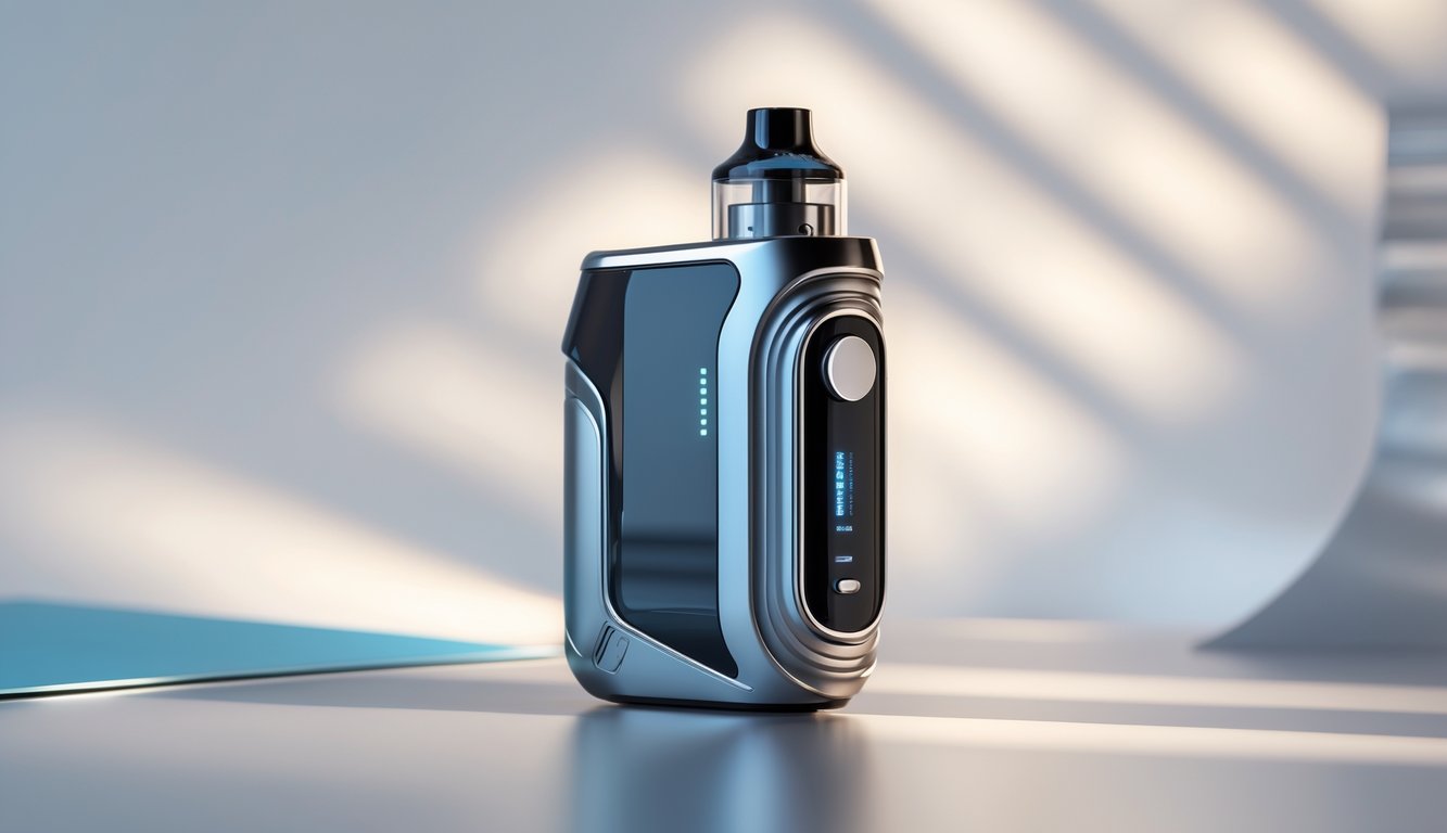 Perangkat vape terbaru tahun 2025 dengan desain futuristik diletakkan di atas permukaan modern yang bersih.