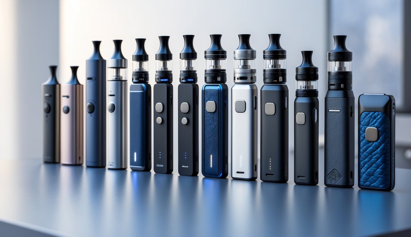 Beberapa perangkat vape modern dan stylish diletakkan rapi di atas permukaan yang bersih dengan latar belakang minimalis.