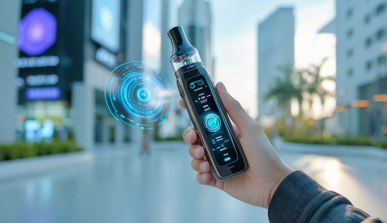 Seorang dewasa muda memegang perangkat vape futuristik di lingkungan kota modern dengan latar belakang arsitektur canggih dan elemen teknologi.