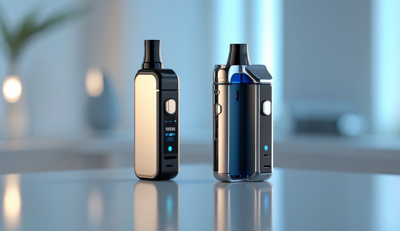 Foto produk vape pod dan mod terbaru tahun 2025 yang ditempatkan di atas permukaan reflektif dengan latar belakang minimalis.
