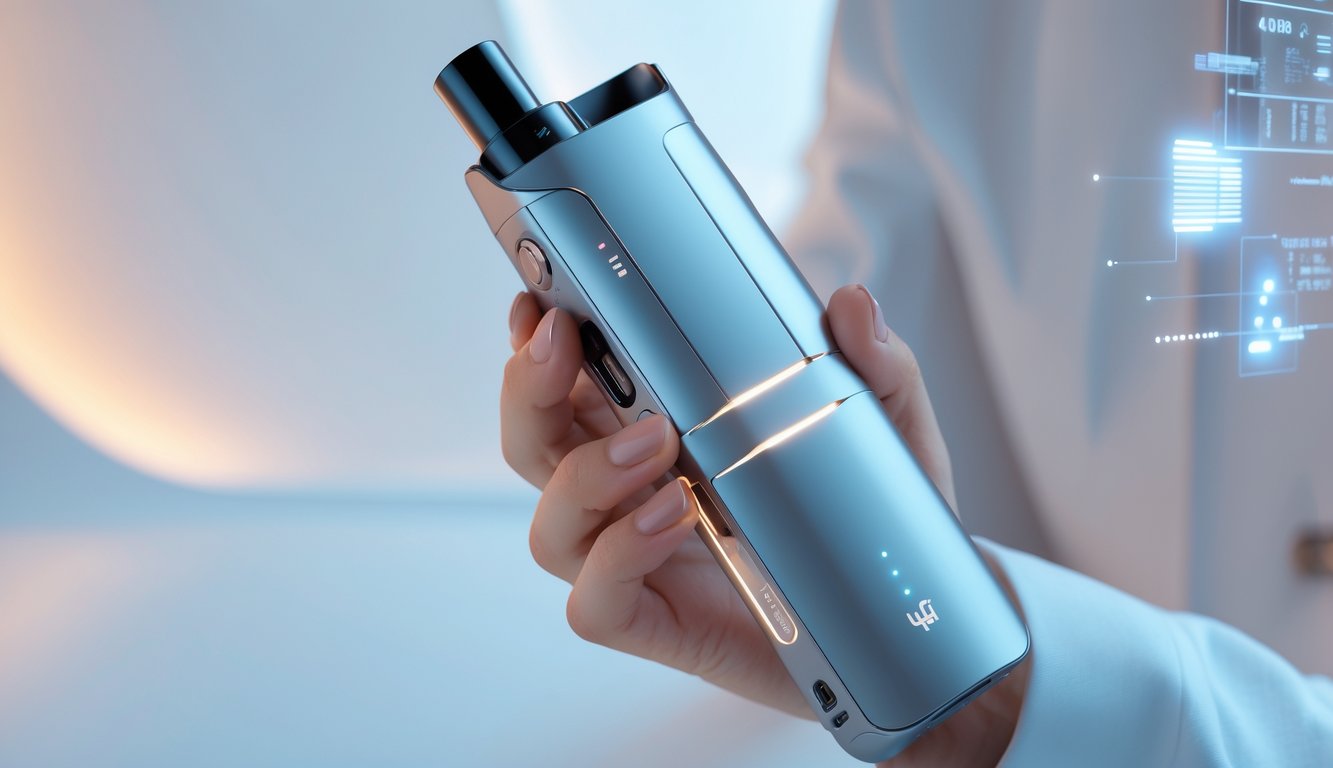 Seseorang memegang perangkat vape futuristik dengan desain ramping dan latar belakang modern.