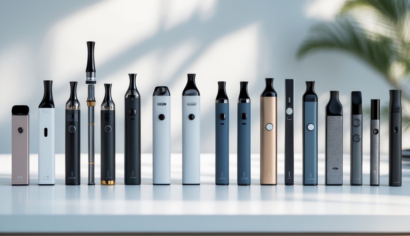 Beberapa perangkat vape modern dan populer tahun 2025 yang ditata rapi di atas permukaan putih.