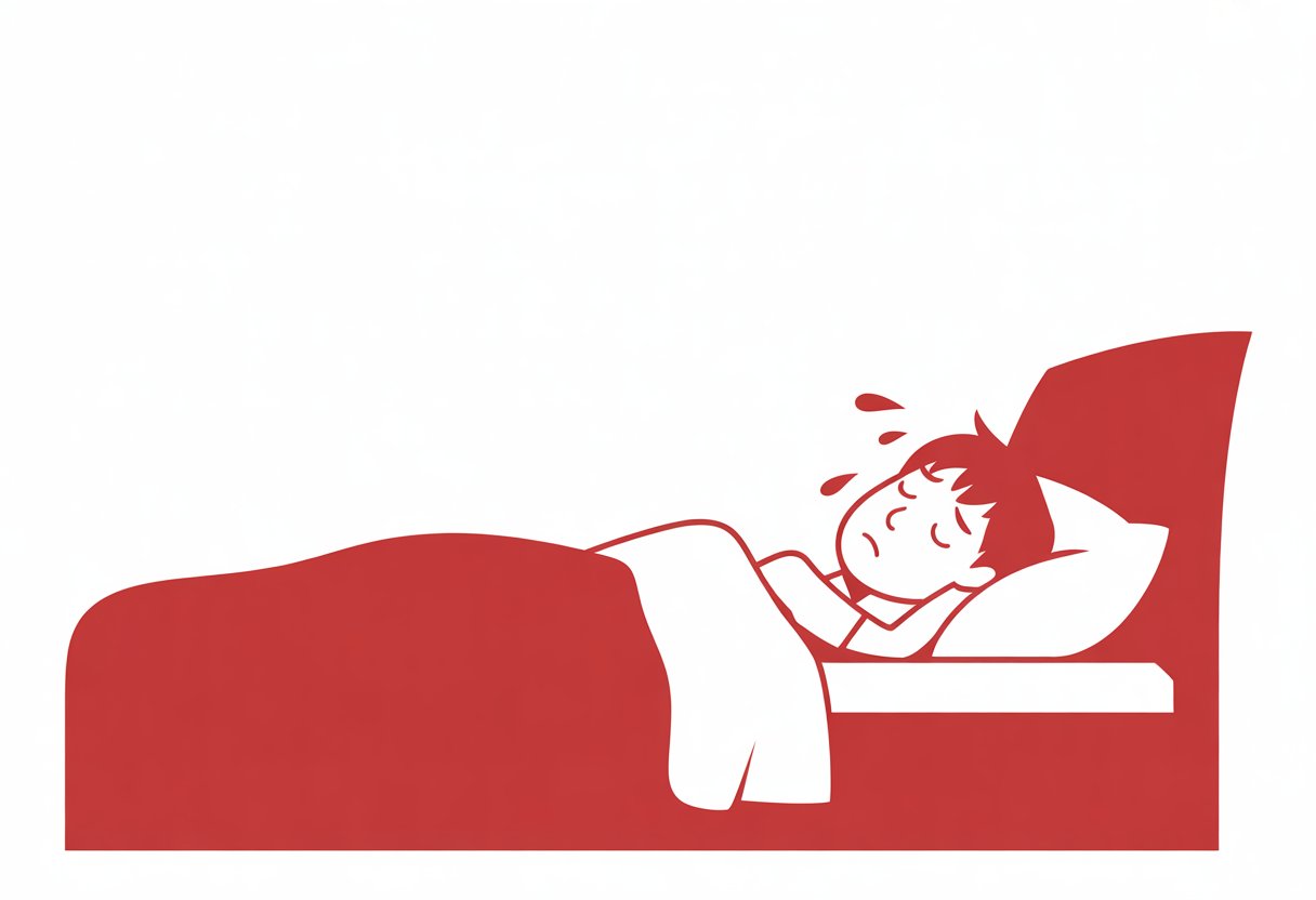 A person lying in bed with closed eyes and sweat droplets on their forehead and neck, indicating they are sweating while sleeping.