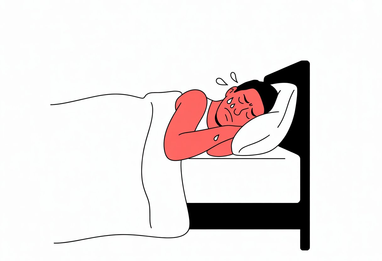 A person sleeping in bed at night with small droplets near their face indicating they are sweating.