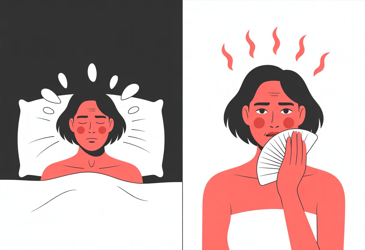 A split scene showing a person sweating while sleeping on one side and the same person fanning themselves with flushed cheeks on the other side.