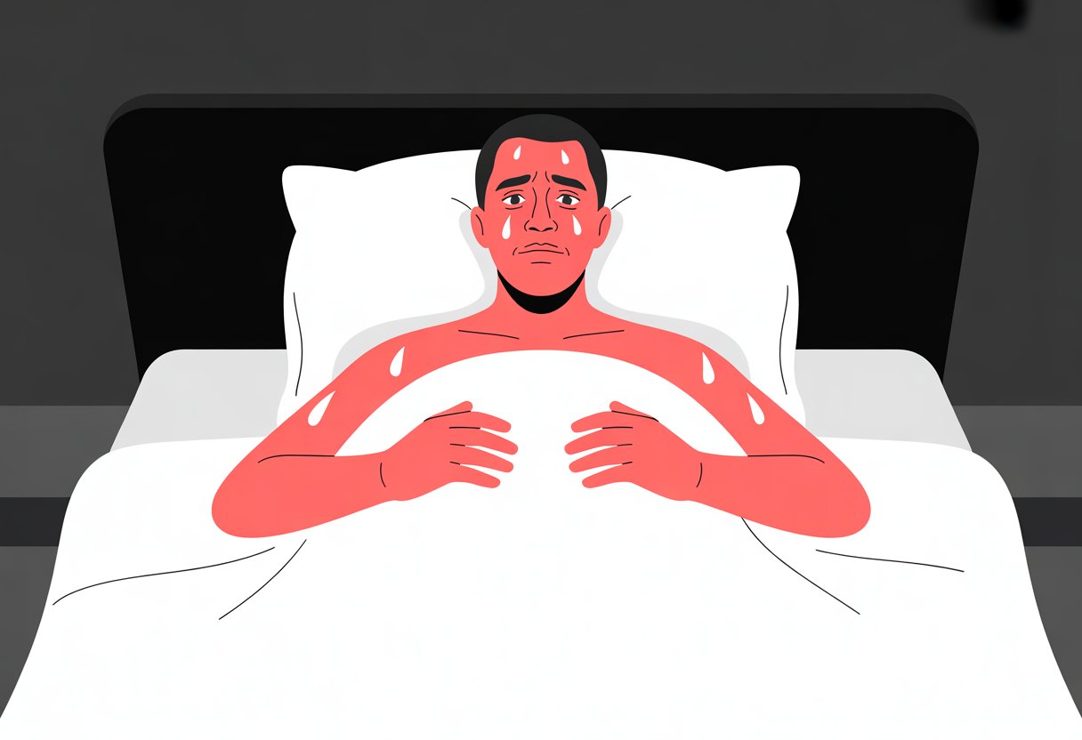 Person lying in bed at night with visible sweat droplets on their forehead and arms, looking uncomfortable.