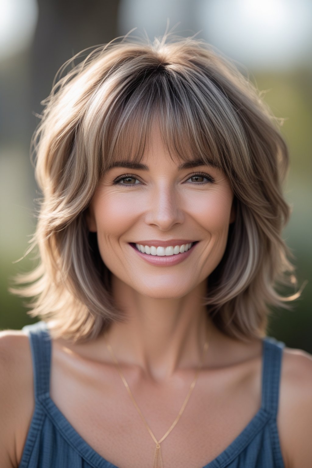 Headshot of a smiling woman outdoors with layered hair and bangs, natural lighting and background.