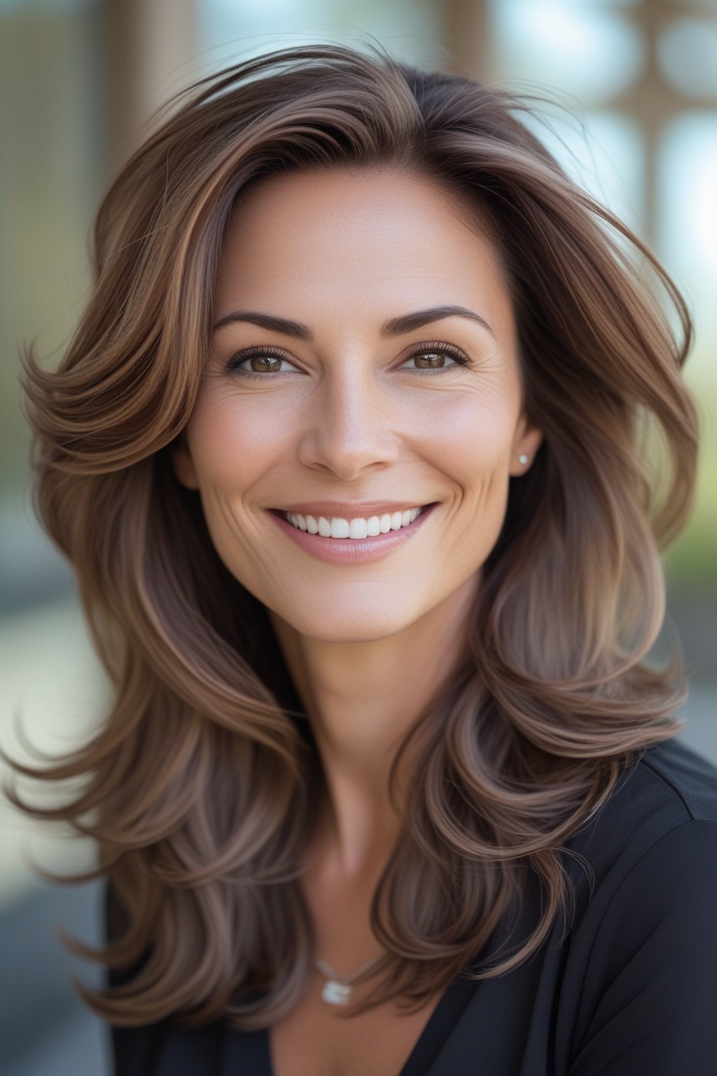 Smiling woman with mocha brown layered long hair outdoors in natural light.