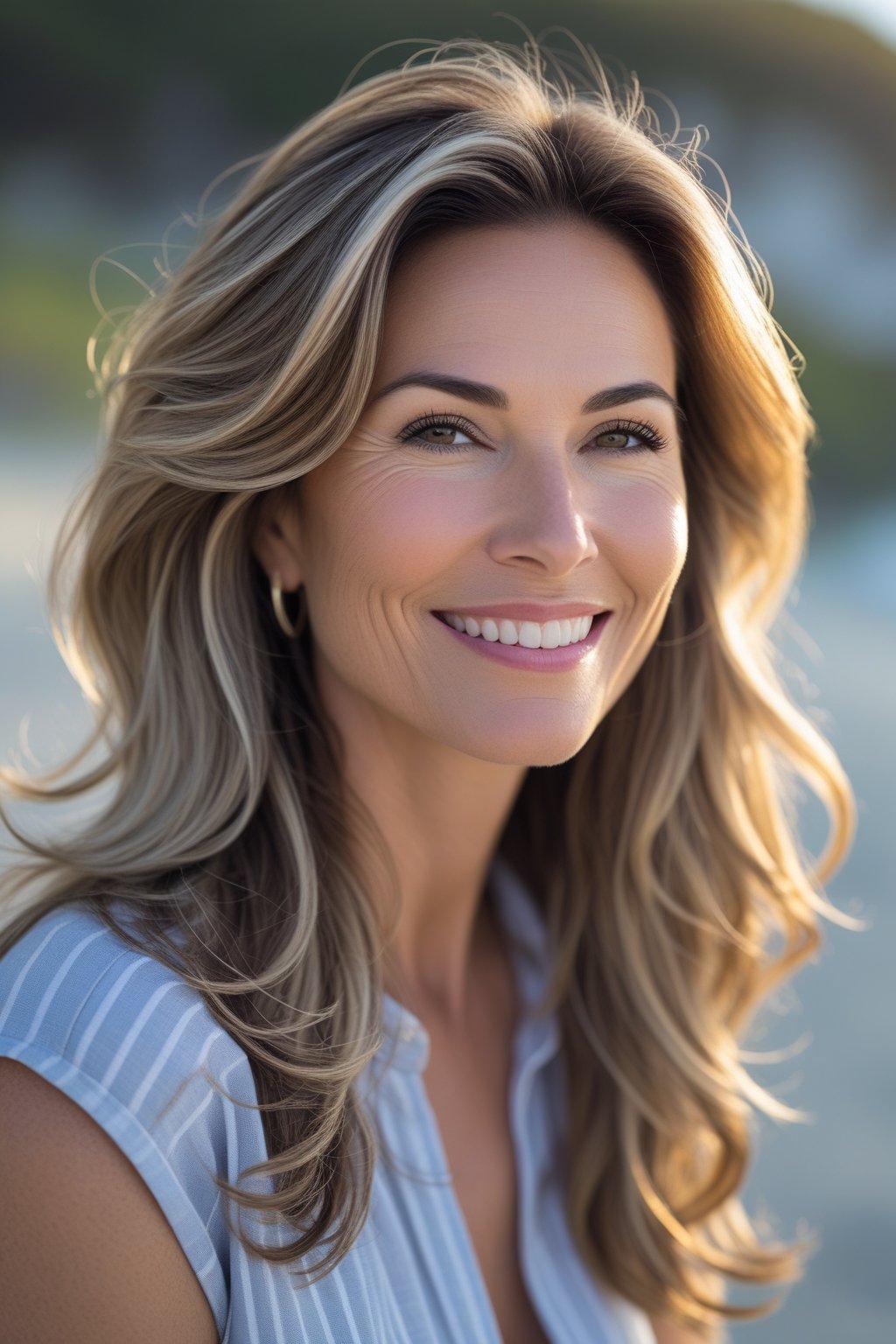 A smiling woman outdoors with long wavy hair and natural lighting.