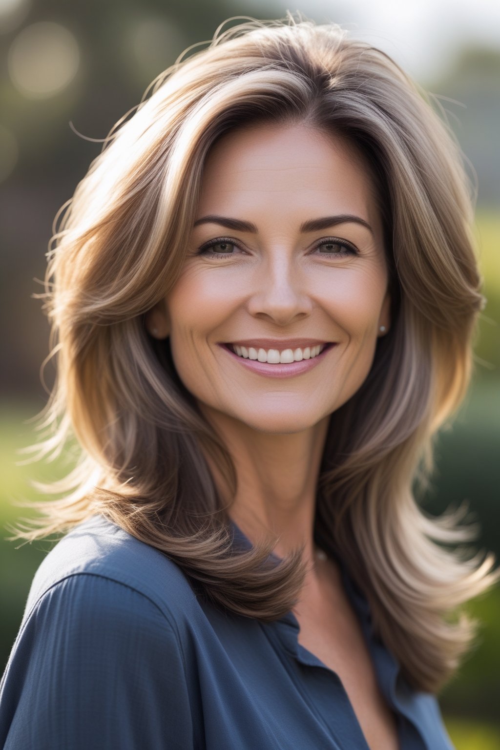 A smiling woman outdoors with long layered hair and a natural background.