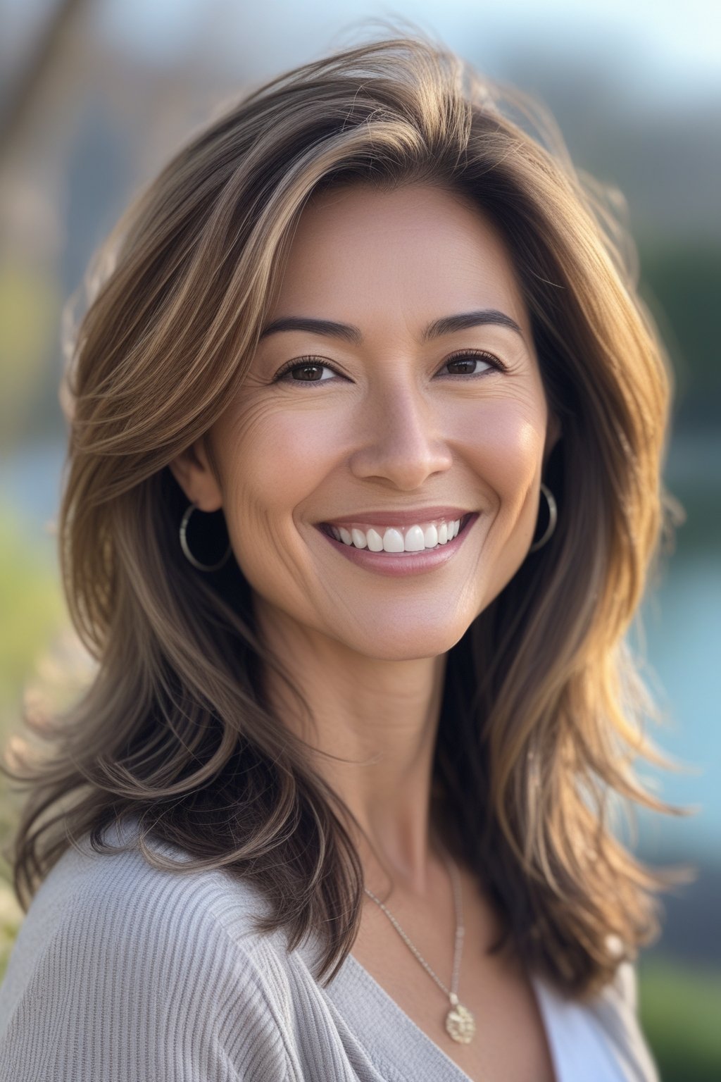 Headshot of a smiling woman outdoors with layered long hair.