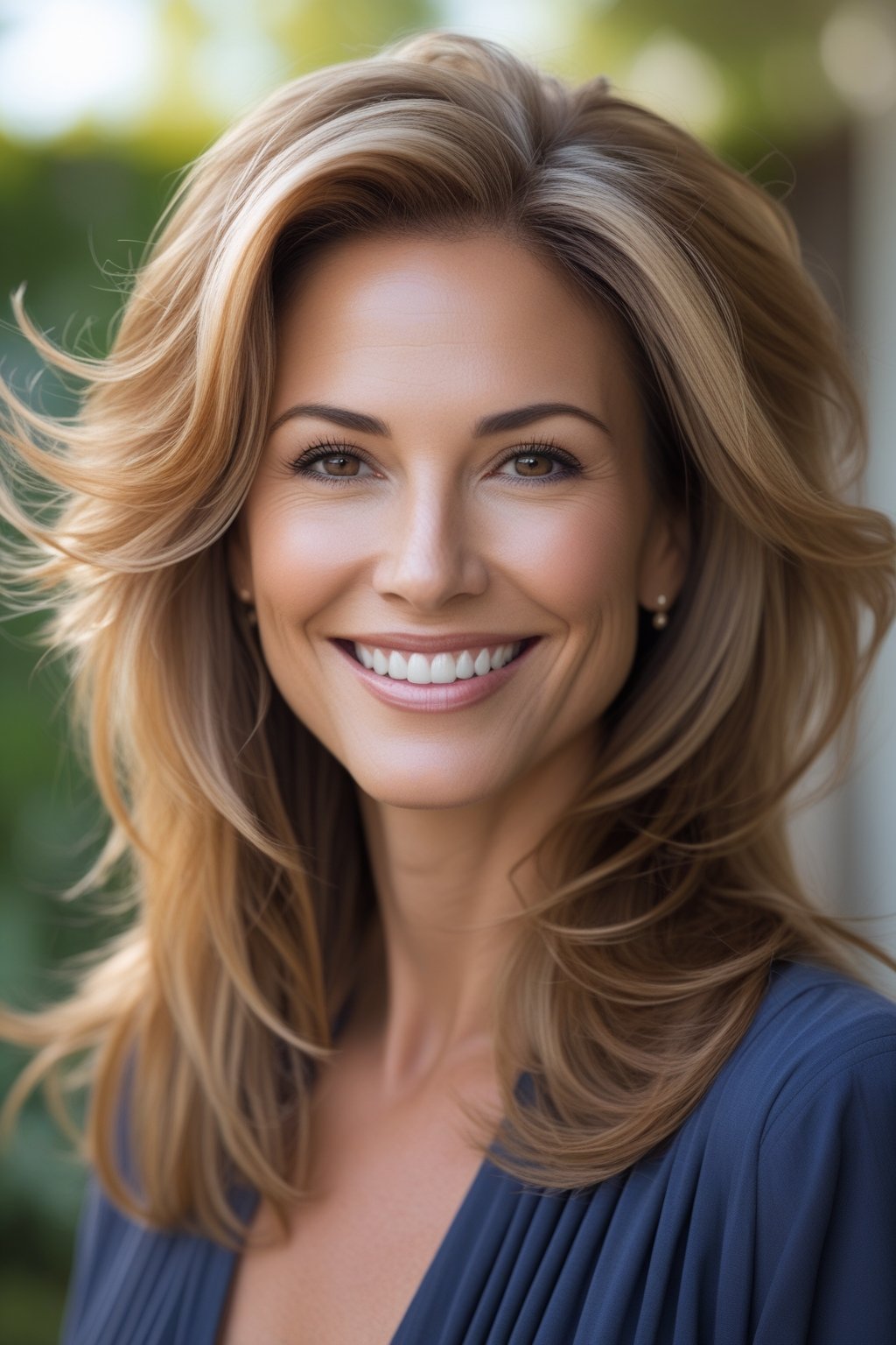 Smiling woman outdoors with long layered hair and warm tones, looking at the camera in a natural setting.