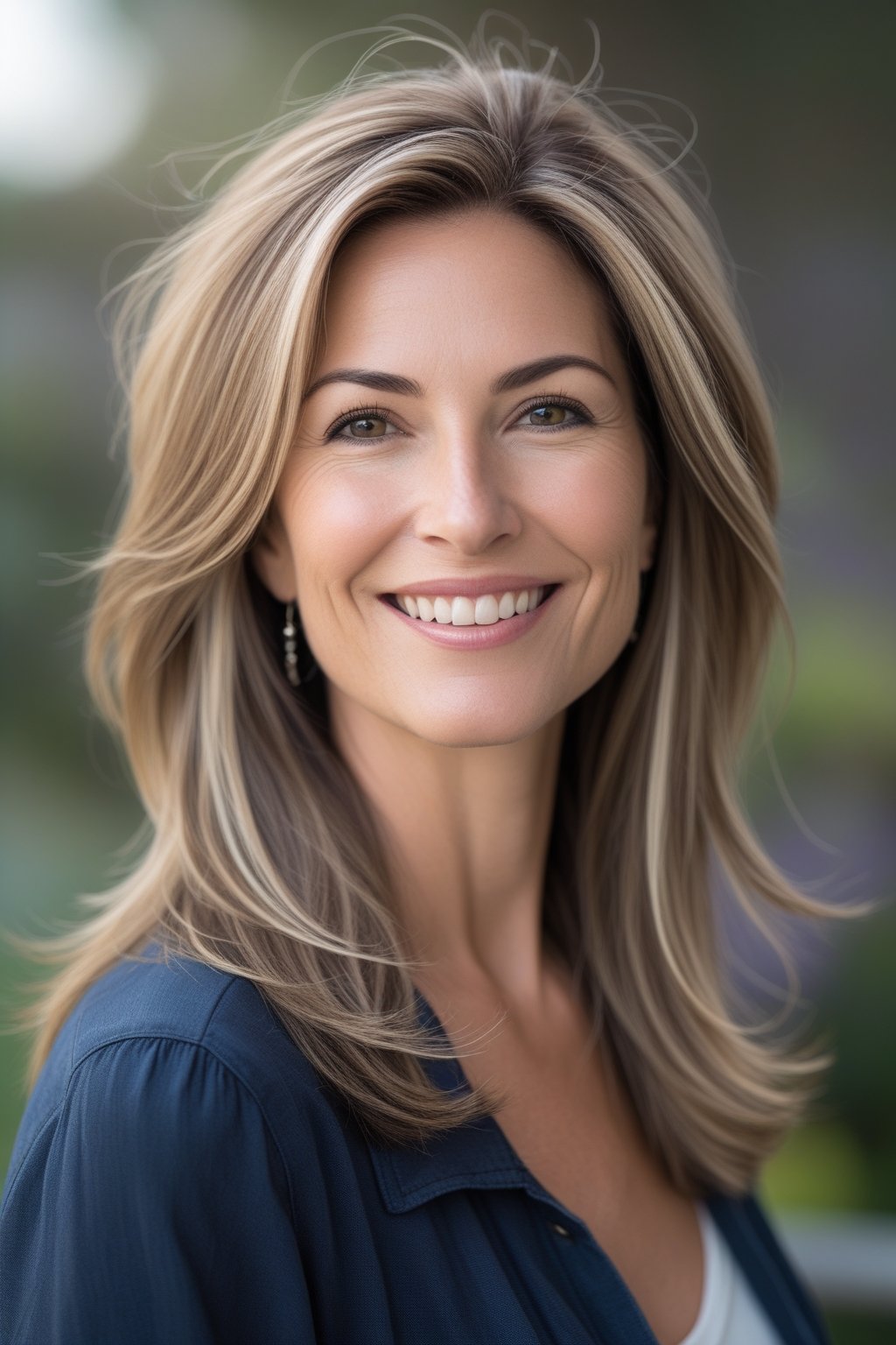 Headshot of a smiling woman outdoors with layered long hair and face-framing highlights.