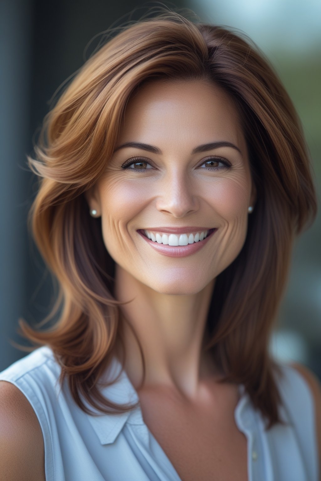 Headshot of a smiling woman outdoors with natural lighting and a blurred background.