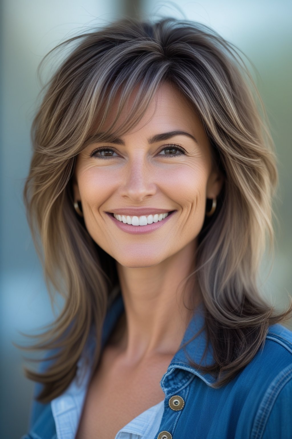 Headshot of a smiling woman outdoors with layered long hair and side swept bangs.