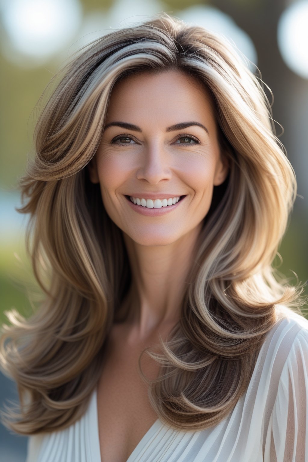 Headshot of a smiling woman outdoors with long layered hair and a natural background.