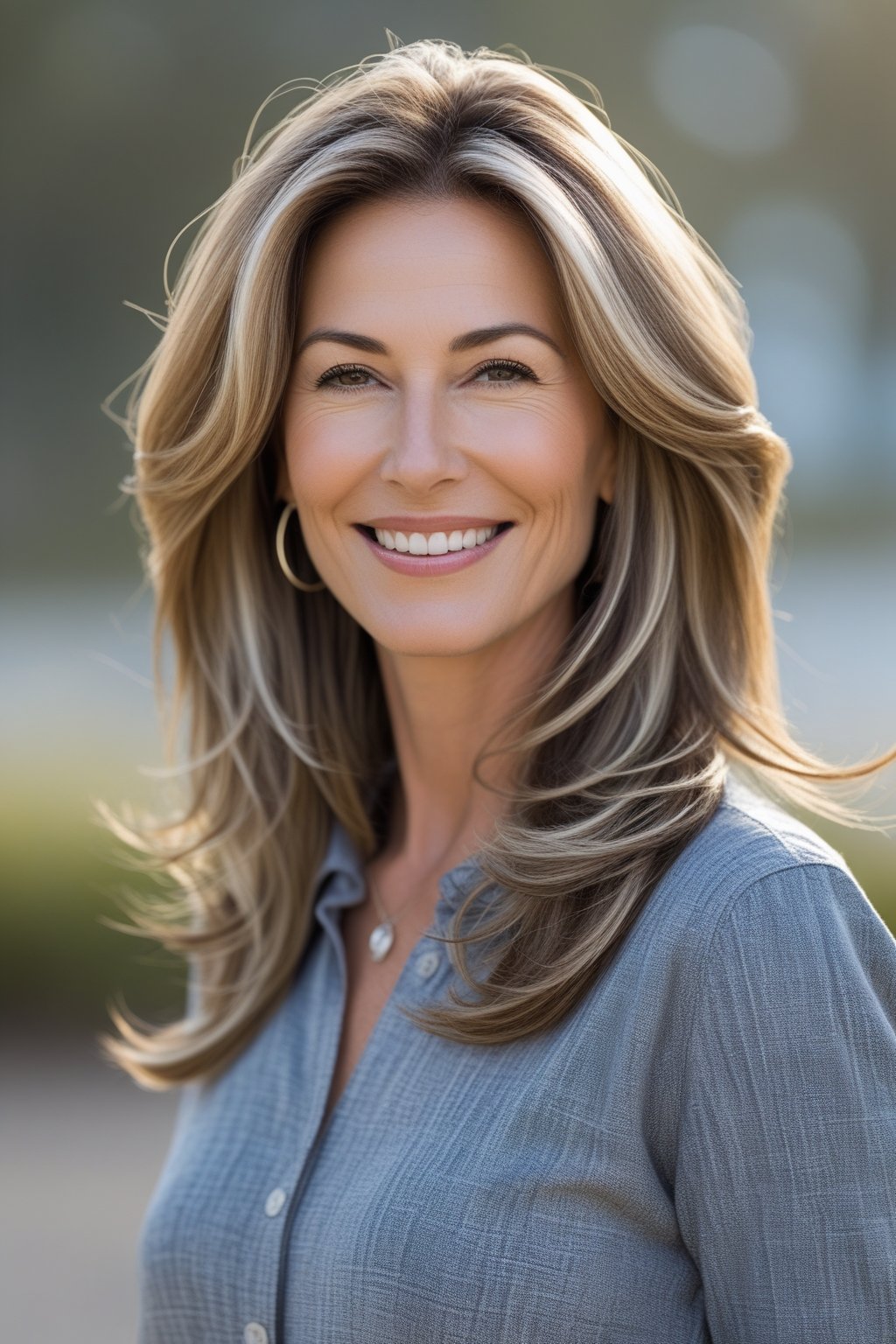 Headshot of a smiling woman outdoors with layered long hair and subtle highlights.
