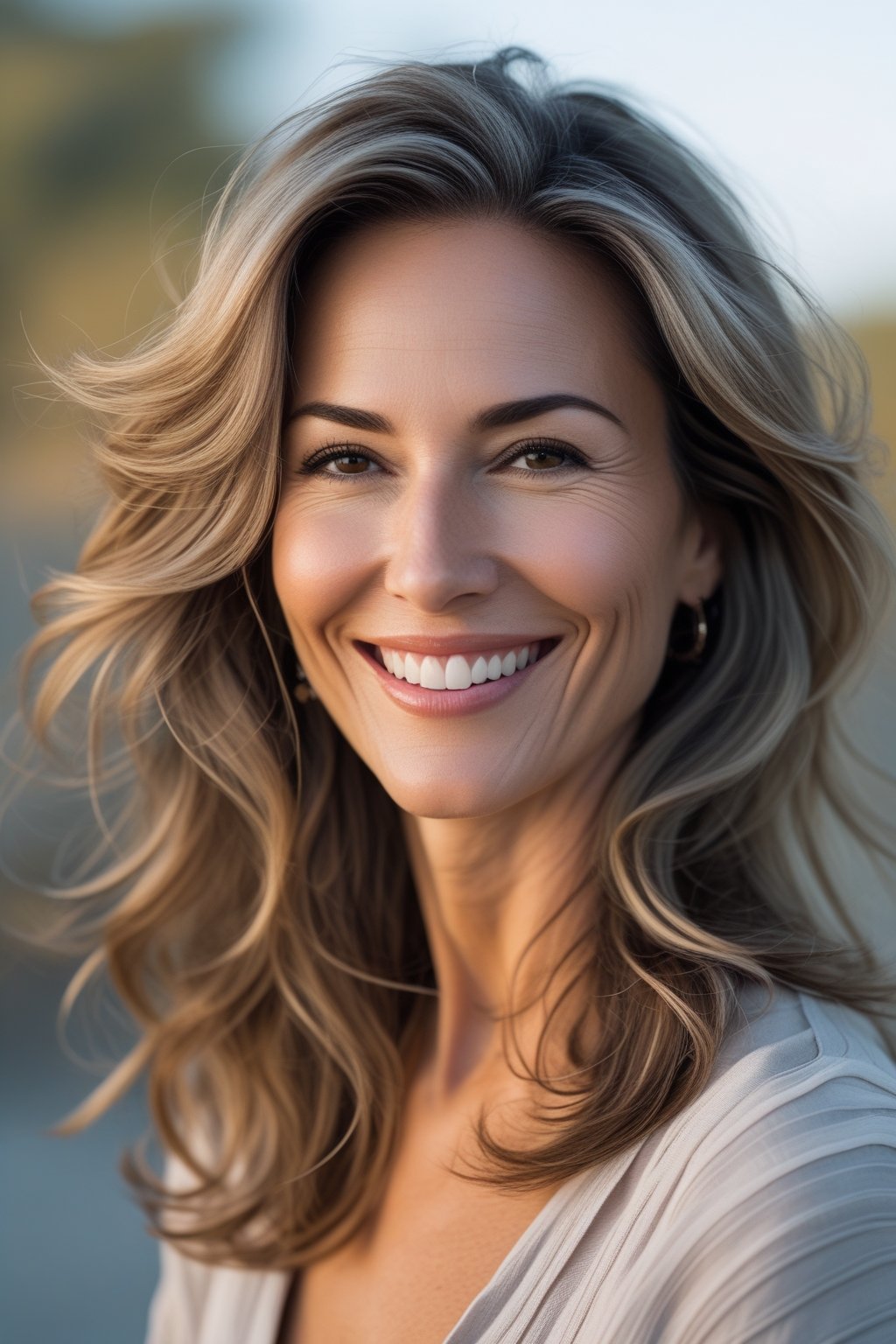 Headshot of a smiling woman outdoors with layered long wavy hair and natural skin tone.