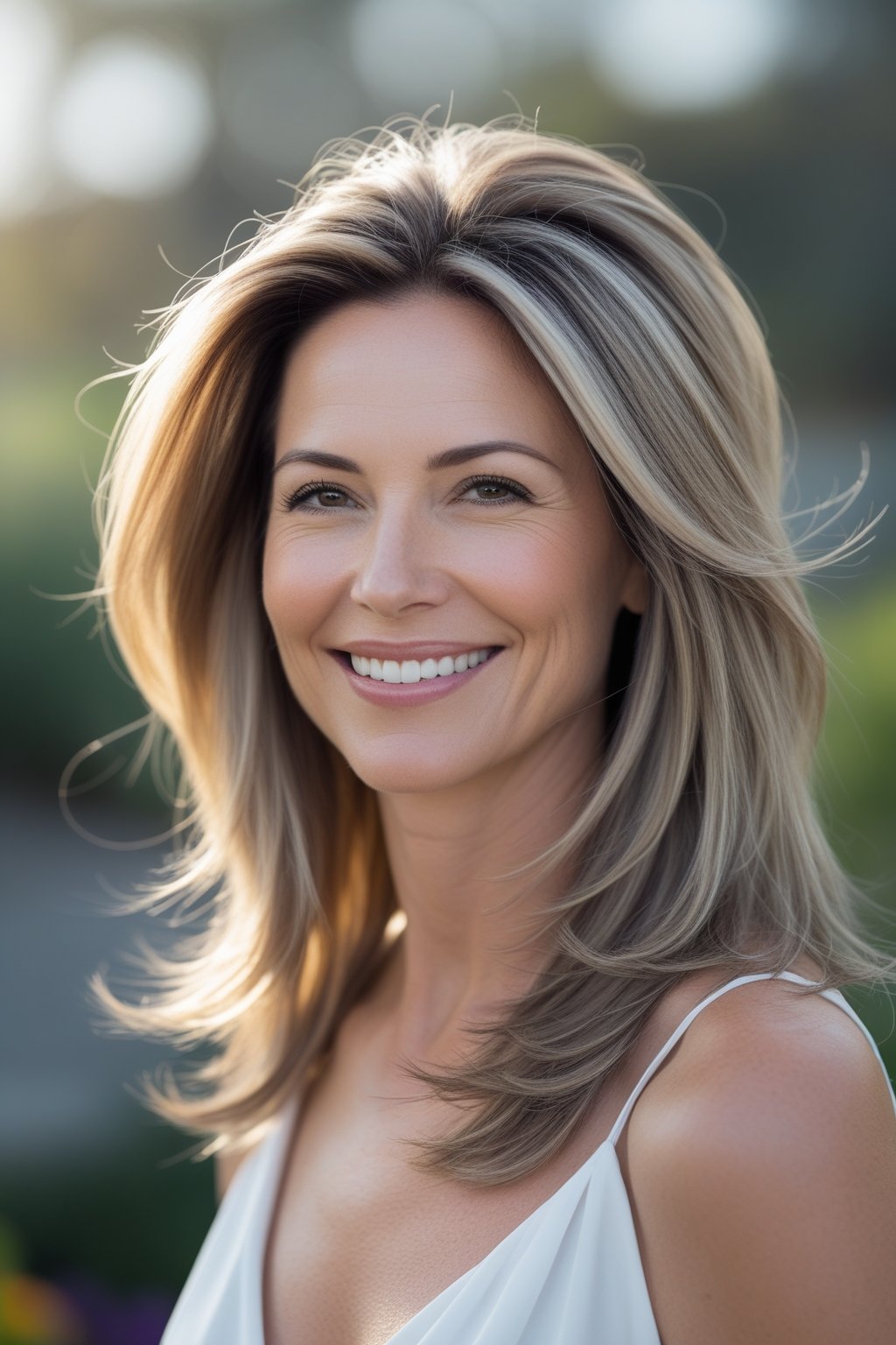 Headshot of a smiling woman outdoors with layered long hair and feathered ends.
