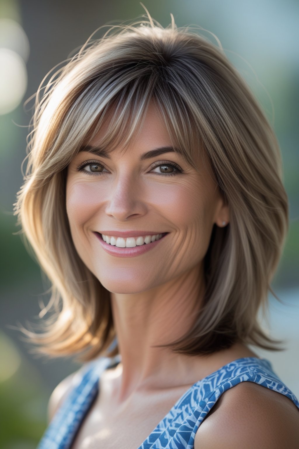 Headshot of a smiling woman outdoors with layered hair and long side bangs.